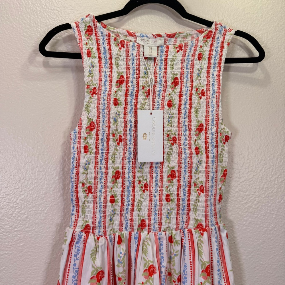 NWT Caroline Constas Maxi Dress Coastal S White Red Floral Smocked‎ Cottagecore - Picture 7 of 10